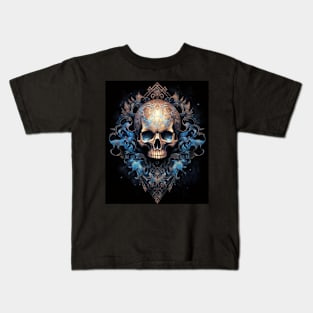 Skull on Blue Fire: Baroque Vintage Ornament Background Kids T-Shirt